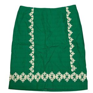 Boden sapling green cream scroll embroidered applique pencil skirt 12L long NWOT